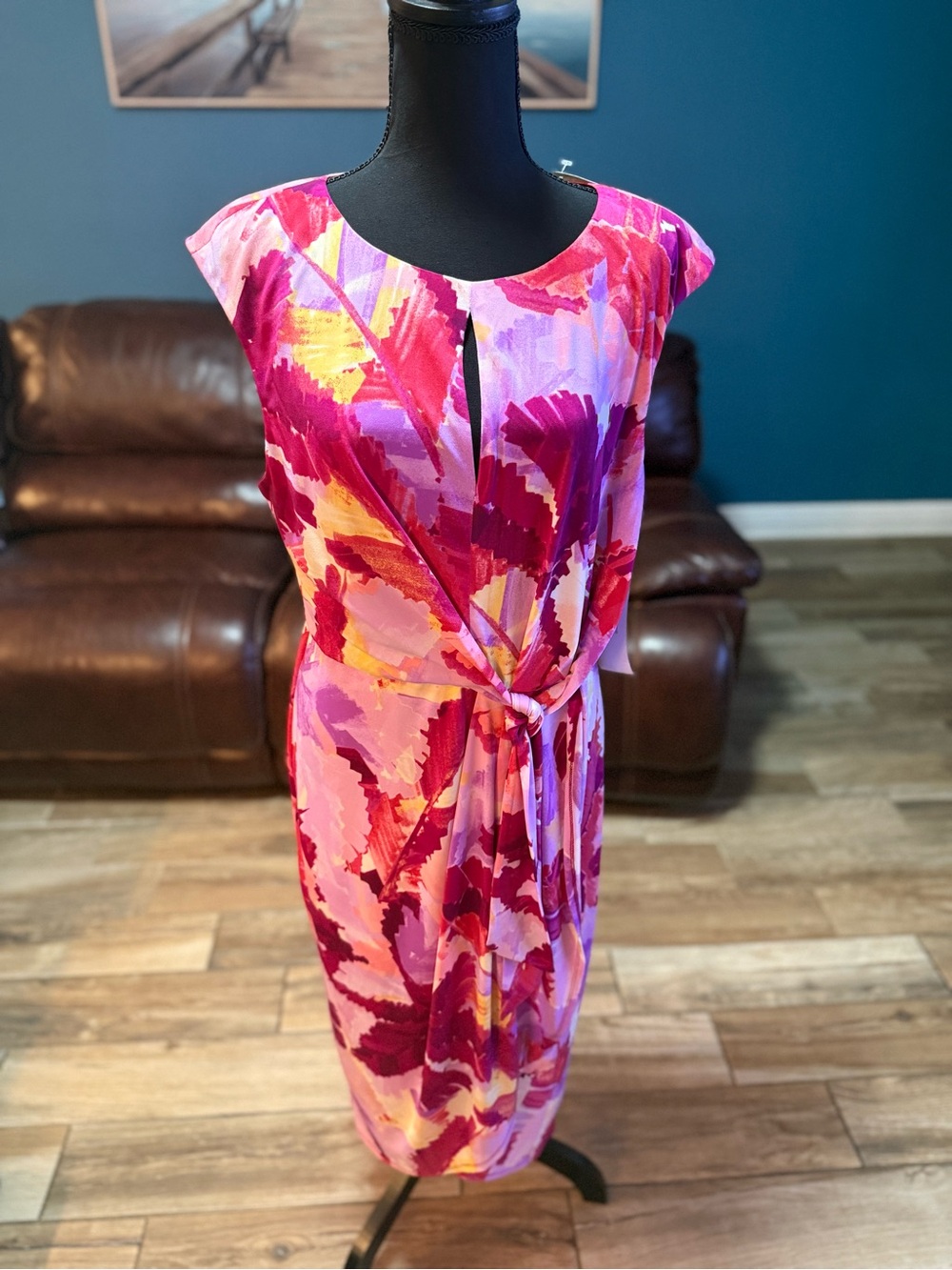 London Times Pink & Magenta Floral Tie-Front Midi Dress